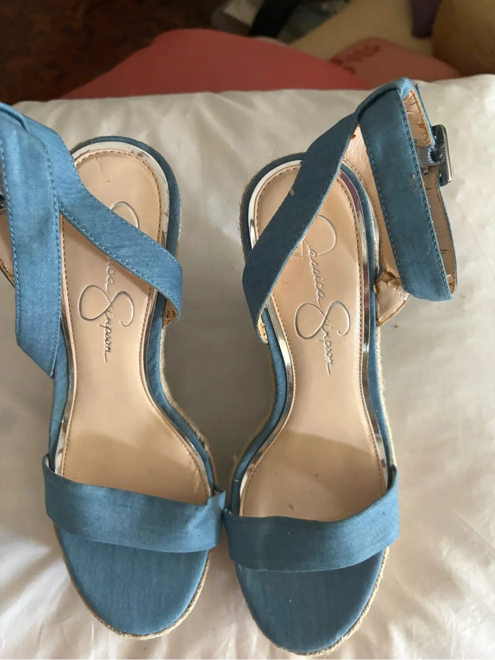 Jessica Simpson Blue Embroidered Espadrille Wedge Sandals with silver studs Trim